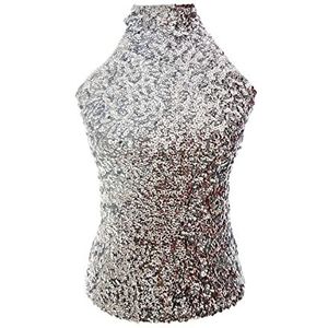 Damestop met glinsterende pailletten, hoge haltermouwen, voor latijndans, party, maat 32/36/38, zilver, S