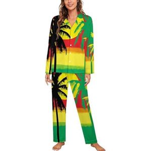 Palmbomen in Jamaica Kleuren Lange Mouw Pyjama Sets Voor Vrouwen Klassieke Nachtkleding Nachtkleding Zachte Pjs Lounge Sets