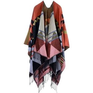 UBOHUZ Herfst Winter Geometrische patroon kwastje Dubbelzijdige Split Warm Cape Vrouwen Imitatie Kasjmier Poncho Lady Capes Mantels Voor Lente Herfst Winter, Rood, One size