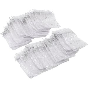 Organzazakjes, transparant sterpatroon satijnen koord met trekkoord pure mesh-tas 4,5 x 3,3 inch voor bruiloft(Zilver)