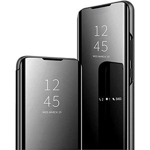 GOGME Hoesje voor Samsung Galaxy S22 (6,06 inch) 5G, Smart View Spiegel Case PC/PU Lederen Flip Cover Doorschijnend Anti-vingerafdruk Makeup Hoes met Standfunctie. Zwart