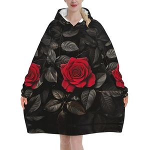 Rode roos en zwarte bladeren vrouwen sherpa sweatshirt deken verlengen warme gezellige oversized draagbare zak hoodie volwassenen