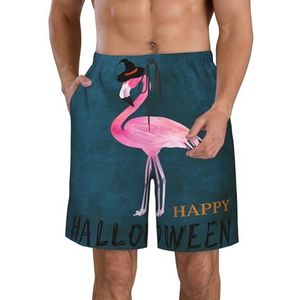 JIAWUJYNB Halloween Flamingo heksenhoed print strandshorts voor heren, lichtgewicht, sneldrogend trekkoord zwembroek met zakken, Wit, S