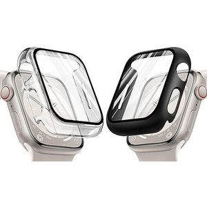 GIOPUEY [2 PACK Case Compatibel met Apple Watch Series 9 45mm, Glas Beschermende Film + Hard Plastic Bezel Cover - Zwart+Transparant