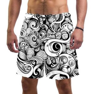 PAFEFO Art Black Doodle Patroon Mannen Board Shorts, Sneldrogend Strand Zwemmen Sport Suits met Zakken, Art Black Doodle Patroon, S