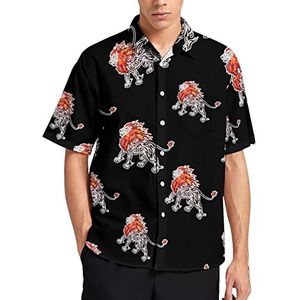 Tribal Flame Lion Hawaiiaans shirt voor heren, zomer, strand, casual, korte mouwen, button-down shirts met zak