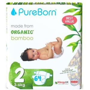 PureBorn Eco Organic Bamboe Luiers, Maat 2 (3-6 kg), 64 Luiers, Hypoallergeen, Ultrazacht, Milieuvriendelijk, Assorti Print, Natheidsindicator