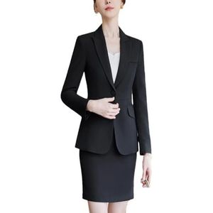 Dames lente en zomer slanke rok pakken vrouwen elegante effen blazers + rok 2-delige set, Zwart, S