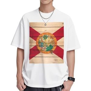 Florida vlag houtnerf print dames katoenen T-shirts casual korte mouw tuniek tops ronde hals zomer basic losse pasvorm T-shirt, Wit, S