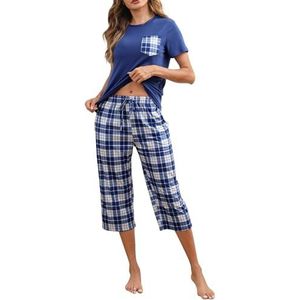 Reliwel Damespyjama met korte mouwen en geruite halflange broek, tweedelige pyjama, nachtkleding met zakken, maten S-XXL, Blauw, S