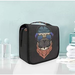 Hangende opvouwbare toilettas Knappe Pug Hond Hoofdtelefoon Make-up Reizen Organizer Tassen Case voor Vrouwen Meisjes Badkamer