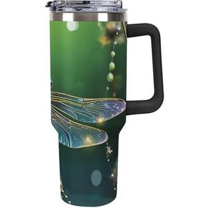 FZQVSGW 40 oz beker met rietje 304 roestvrijstalen waterfles met handvat deksel reismok herbruikbare auto libelle groene beker voor thuiskantoor buiten geschikt