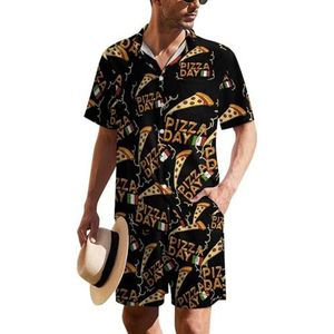 Happy Pizza Day Hawaïaans pak voor heren, set van 2 stuks, strandoutfit, shirt en korte broek, bijpassende set
