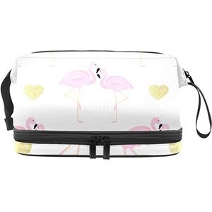 Multifunctionele opslag reizen cosmetische tas met handvat, paar flamingo's en glitter harten patroon, grote capaciteit reizen cosmetische tas, Meerkleurig, 27x15x14 cm/10.6x5.9x5.5 in