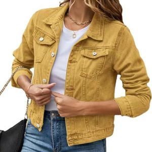 Dames slim fit spijkerjasje, korte casual jasjes voor de herfst, spijkerjasjes met lange mouwen en omgeslagen kraag,Geel,S