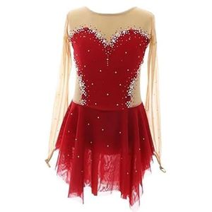 Nnnydjy Wedstrijdjurk voor kunstschaatsen voor meisjes Ritmische gymnastiekpakjes met lange mouwen Schaatsrok voor buitensporten Balletkleding voor dames,Rood,11_13Years