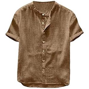 Zomershirt Heren Korte Mouw Katoen Linnen Hippie Casual Overhemd T-shirt Blouse Met Knopen Slim Fit(Khaki,XXL)