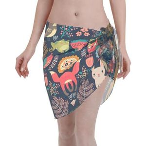 Uil konijn vogel vos print elegante strand wrap, bikini cover-up, badmode jurk, voor vrouwen, perfect voor zwembad en resort zwart, Zwart, one size