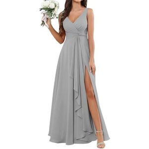 Chiffon bruidsmeisjesjurk voor dames, voor bruiloft, met split, baljurk, cocktailjurk, grote maten, Zilver, 32