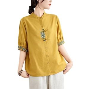 Casual Katoenen Linnen Tops Voor Dames Borduurwerk Retro Etnische Stijl Shirts Met Halve Mouwen Chinese Traditionele Hanfu Blouse(Color:Yellow,Size:XXL)