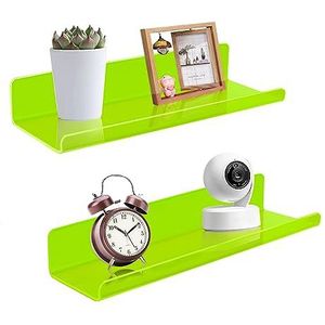 Zwevende acryl wandplanken， Acryl Lange Zwevende Boekenplanken Aan De Muur Gemonteerd Set van 2, Aan De Muur Hangende Boekenplanken Display Planken, Kamerdecoratie Zwevende Wandplanken(Neon Green,12 I