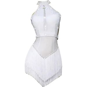 FZHQNZJF Latijns Dansjurken met Gelaagde Kwastjes Glanzend Tango Balzaal Concurrentie Kostuums Halternek Salsa Cha Cha Rok Verfijnd Danskleding voor Rumba Samba,Wit,L