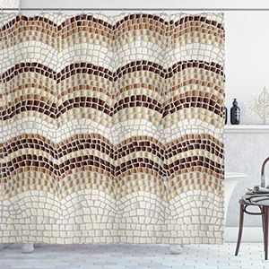 ABAKUHAUS Beige Douchegordijn, Antique Mosaic Effect, stoffen badkamerdecoratieset met haakjes, 175 x 180 cm, Beige Tan Brown