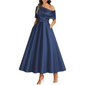 KIYNE Satijnen damesjurken voor moeder van de bruid, theelengte voor bruiloft, korset, A-lijn, formele avondjurk, feestjurk, Donkerblauw, 32