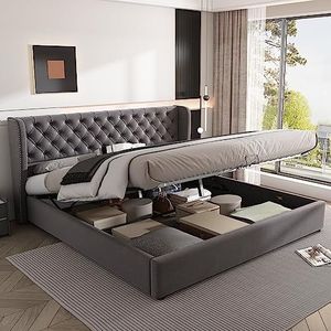 VSOGA Gestoffeerd bed, oorvorm, fluweel, grote knoopnaden, tweepersoonsbed, 160 x 200, hydraulisch functioneel bed met lattenbodem en opbergruimte, grijs