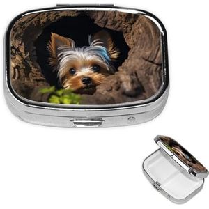 Pillendoosje met spiegel, kleine pillenorganizer, 2 compartimenten, een kleine Yorkshire terriër, pillendoosje voor portemonnee of zak, draagbare pillencontainer, schattige medicijnorganizer
