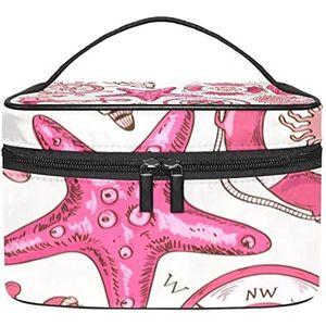 Roze zeewiel anker zeester patroon make-up tas voor vrouwen meisjes cosmetische tassen met handvat reizen make-up organizer tas, Roze Zee Wiel Anker Zeester Patroon, 8.9x5.9x5.4 Inches, Make-up zakje