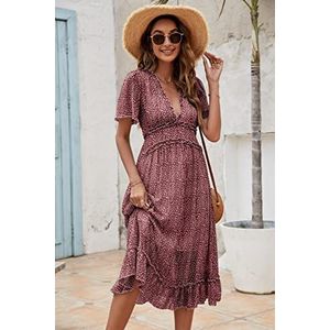 Vrouwen Paneel V-hals Gedrukt Korte Mouw Jurk Comfortabel Casual Elegante Chique Chiffon Jurk Vintage Ruche Party Strand Jurken, XL