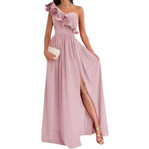 Damesjurk met één schouder voor bruidsmeisjes, fluweel, mouwloos, lange formele jurk met split, Dusty Roze, 52