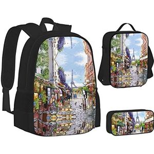 OGNOT Leuke Kikkers Print School Rugzak Tieners Meisjes Jongens Schooltassen, Lunchtas, Etui, Lichtgewicht Waterbestendig Boekentas, Parijs Street Scene Eiffeltoren, Eén maat, Schooltas Set