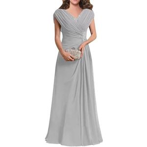 Dames chiffon avondgalajurken mouwloze moeder van de bruid jurk cocktailjurk grote maten, Zilver, 32