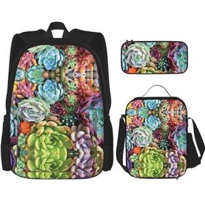 SUHNGE Afrikaanse modder doek tribal print 3 stks rugzak schooltas met lunchtas set etui voor meisjes middelbare school, Leuke vetplanten, Eén maat