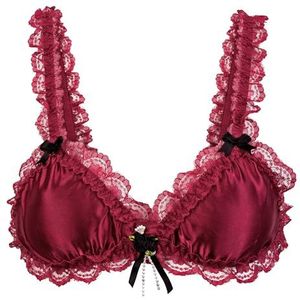 Satini Sissy Frilly Kant Getailleerd Satijn Bralette BH (Wijnrood, L)