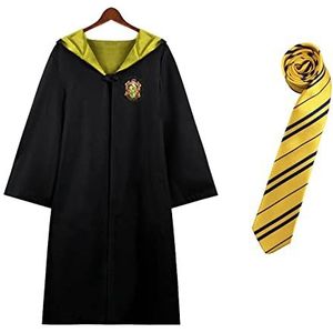 WooCaw Cosplay 2-delige set cape toverstaf stropdas sjaal bril Hermelien Granger kostuum zwarte badjas schooluniform carnavalskostuum Halloween festival kostuum, geel, L