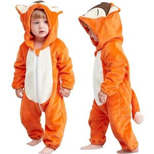COOKY.D Baby Flanellen Romper met Capuchon Herfst/Winter Onesie Pyjama Jumpsuit Lange Mouw Slipjes voor Baby Meisjes Jongens, 6-12 Maanden, Vos