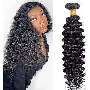 Salharer Deep Wave Human Hair Bundles Single Extensions Machine Double Wefts Unprocessed Remy Weave #1B Natural Black Color for Woman 30 Inch