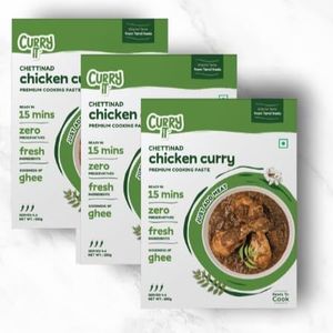 CURRYiT Ready to Cook Chettinad Mutton Chicken Fish Masala Curry Paste Serves 12-18 Made with Ghee Ready in 15 Mins No Preservatives 100% Mom Approved Gluten-Free, 250 gm, Pack of 3