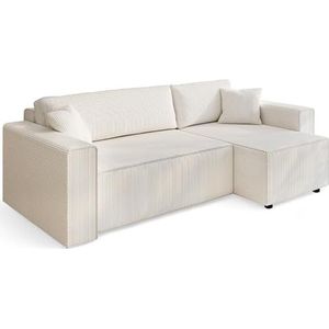 IDMarket - Converteerbare en omkeerbare hoekbank Jade 240 cm met opbergdoos van beige corduroy