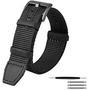Horlogebandjes voor mannen en vrouwen, horlogeband 20/22mm Vintage Nylon en Echt Leer Splicing Horlogeband Ademend Anti-zweet Horlogeband for Wijzerplaat quartz Horloge (Color : Black black Clasp, S