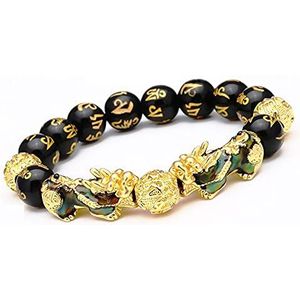 Armbanden voor vrouwen Feng Shui Obsidiaan Steen Kralen Armband Mannen Vrouwen Unisex Polsband Goud Kleur Zwart Bixie Rijkdom Armband-Antiek Koper Verguld (Color : Gold)