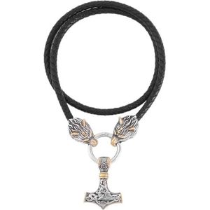 Heren Viking Wolf Mjolnir Ketting - Noorse Odin Keltische Knoop Thor's Hammer RVS Hanger - Handgemaakte Gevlochten Lederen Wolf Hoofdketting Amulet Heidense Sieraden (Color : Gold_60CM)