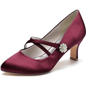 Vrouwen Kitten Hakken Bruiloft Schoenen Ronde Teen Mary Jane Bruids Schoenen Satijn Formele Party Jurk Schoenen, Bordeaux, 36 EU