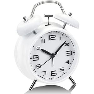 YouJabz Dubbele klok met nachtlampje, retro kinderwekker, analoog met grote wijzerplaat van 10 cm, geen tikken, geruisloos, terug naar school, cadeau voor kinderen, scholieren, wit