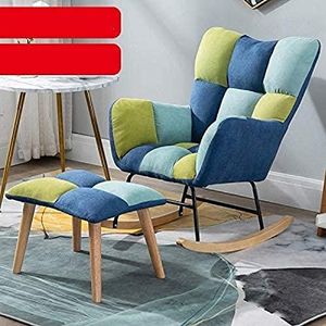 GZDZ Moderne schommelstoel met kruk gestoffeerde fauteuil schommelstoel met massief houten poten slaapkamer woonkamer ontspannen enkele bank (kleur: groen blauw)