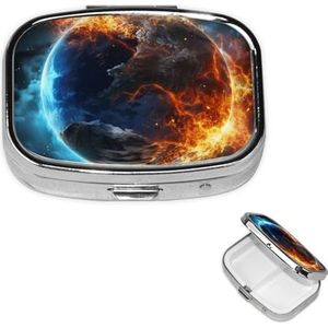 Planet Ice and Fire Pill Box 2 Compartiment Vierkante Draagbare Pillenetui voor Pocket of Portemonnee Kleine Wekelijkse Medicijnplanner Reizen Pillendoos met Spiegel Decoratieve Metalen Vitamine