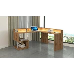 Dmora Albert hoekbureau met planken en ledlampen, multifunctioneel bureau met opzetstuk, 180 x 60 x 93 cm, eiken, leisteen